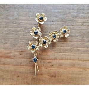 Vintage Forget Me Not Blue Stoned Flower Gold Tone Brooch